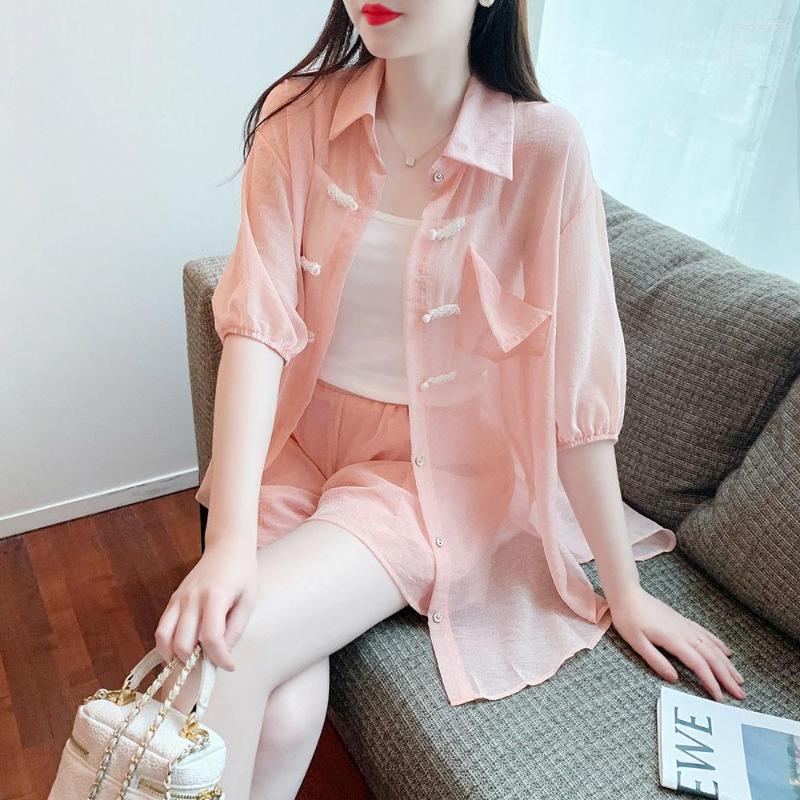 

Women' Tracksuits Fashion Summer Outfits For Women 2023 Chinese Button Sunscreen Chiffon Shirt Vest Tops Elastic Waist Shorts Three Piece, Pink