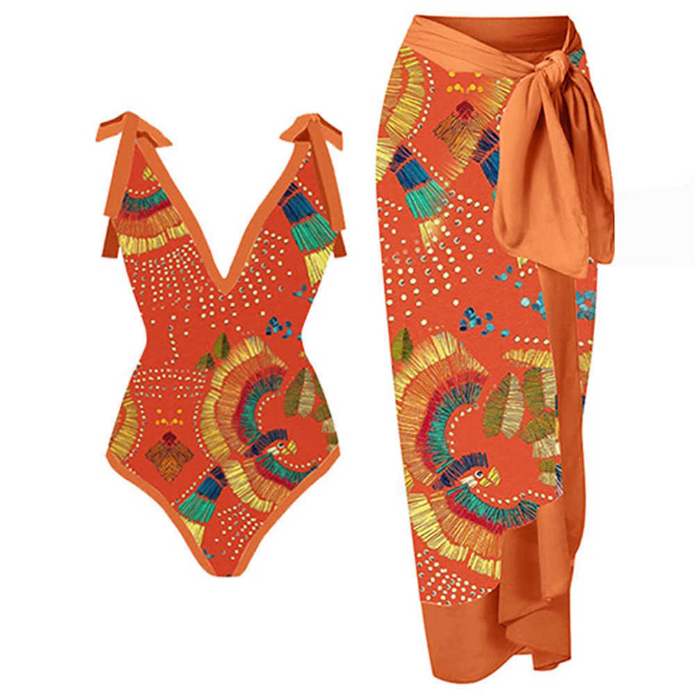 Swim wear Orange Print Suspender One Piece Swimsuit V-Neck Gathered Backss Bikini Fitted Tall Waist Sexy Beachwear Egant Cover Up HKD230628-image-880380916