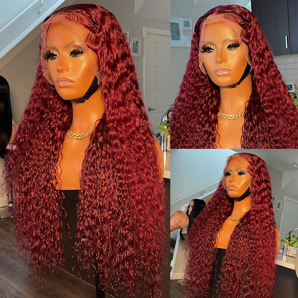 

Fashion Design 26 Inch 99J Burgundy Transparent 13X4 Deep Wave Lace Frontal Wig Red Color Brazilian Remy 180% Curly Human Hair Wigs for Women
