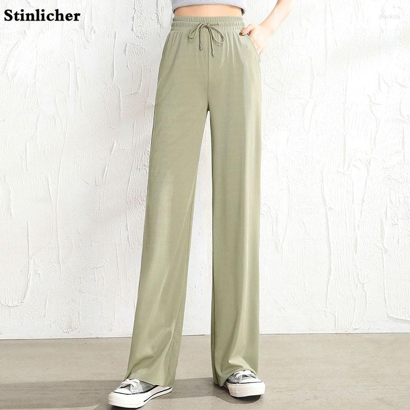 

Women' Pants Women Ice Silk Wide Leg Bottoms Casual Loose Drawstring Fashion Ladies Spring Summer Straight Trousers, Beige