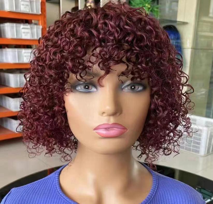 

Brazilian Remy Jerry Curly Human Hair Wigs with Bangs 150 Full Machine Made Short Wig 99J Natural Color For Women8615251