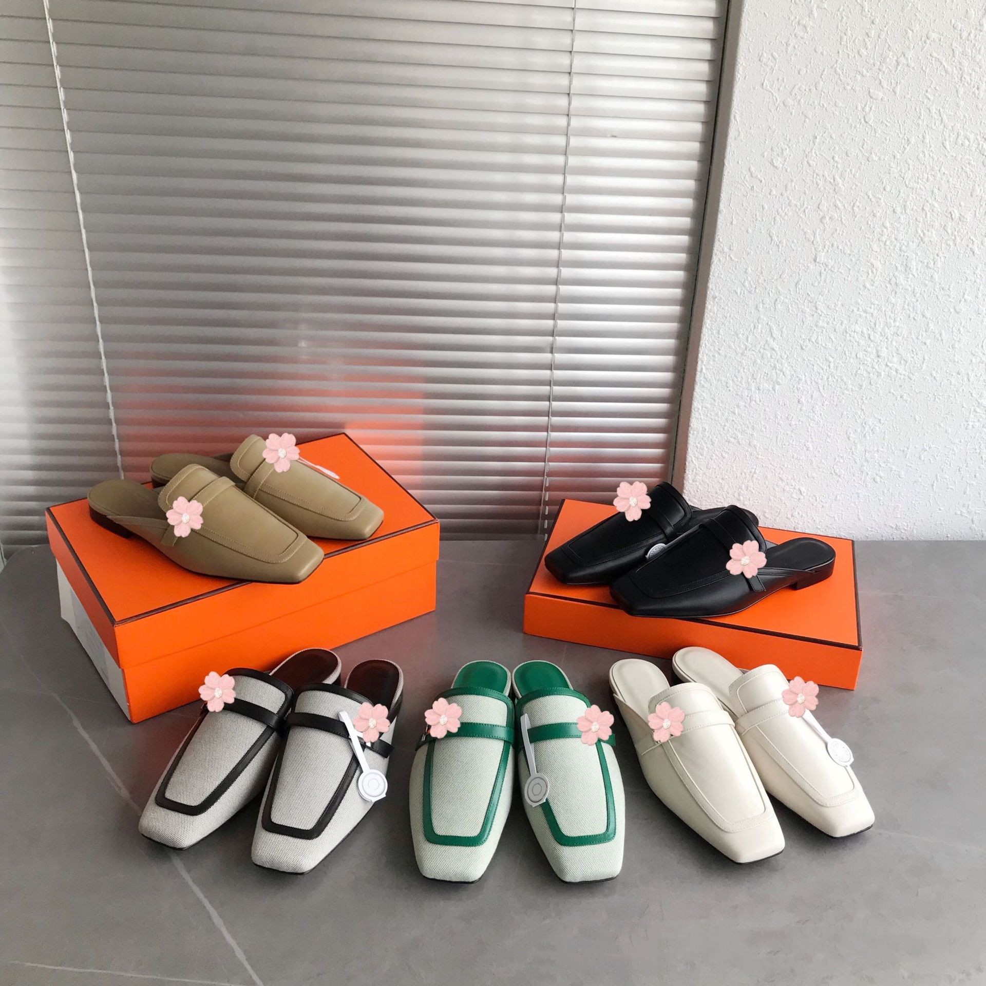 

Vintage Beige Black H Sandal Women's Designer Slipper Flat Leather Mules Half Slides Square Toe Silver Buckle Clog Famouse Brand Flip Flops Sneakers Loafer Shoes, Hms616-6