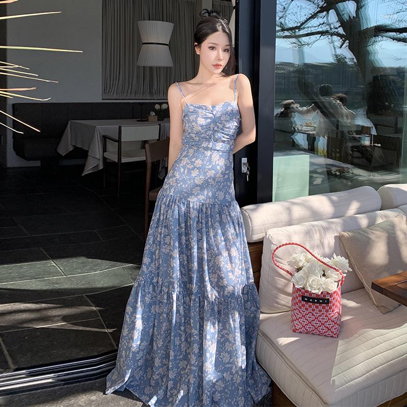 

Casual Dresses Women Summer Floral Print Blackless A Line Maxi Long Lady France Chic Vintage Elbise Bohemian Robes, Picture color