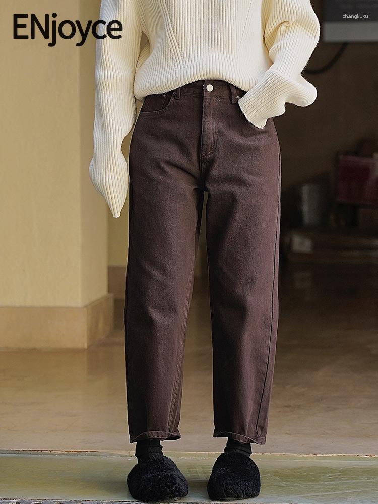 

Women' Jeans ENjoyce Winter Women Vintage Coffee Straight Ladies Casual High Waist Trousers Inner Fleece Thick Warm Denim Pants, Auburn