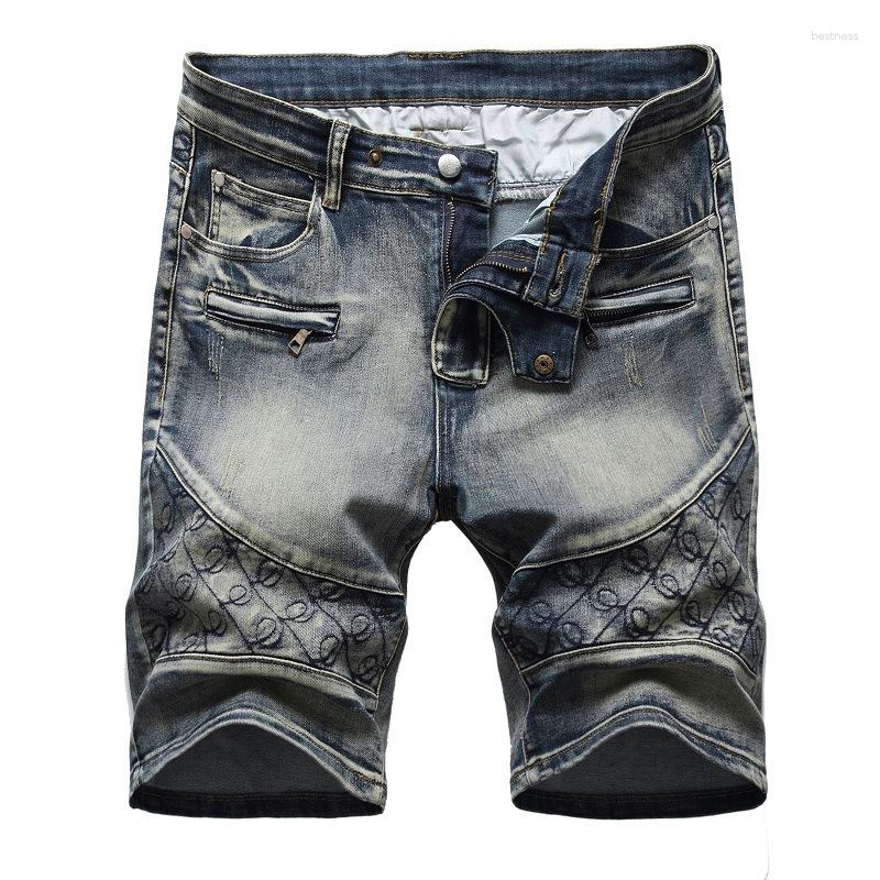 

Men's Shorts Summer Stretch Short Denim Jeans Men Embroidery Holes Three Color Male Cowboy Casual Zipper Decoration Retro Multi-pocket, 396dark blue
