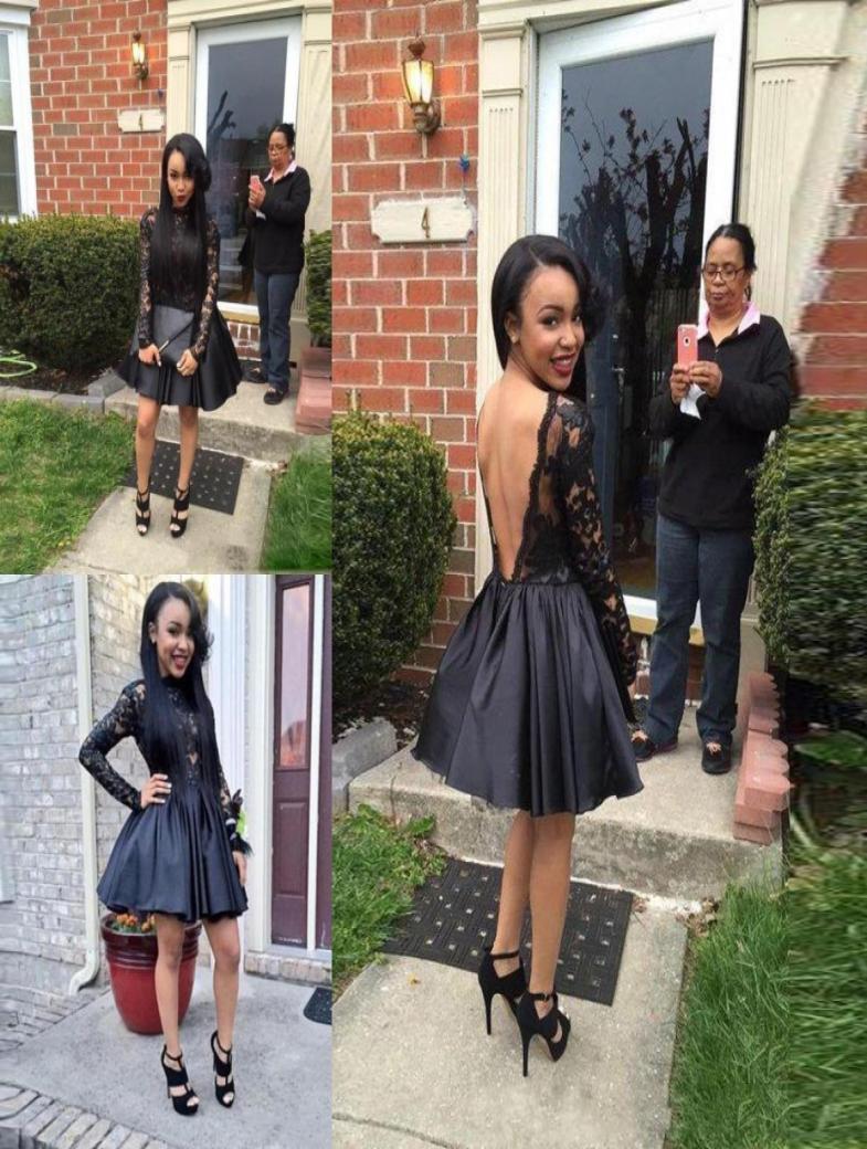 

Black V Backless Party Dresses Jewel Neck See Through Long Sleeves Little Homecoming Dresses Satin Above Knee Length Mini Cocktail1886630, Water melon