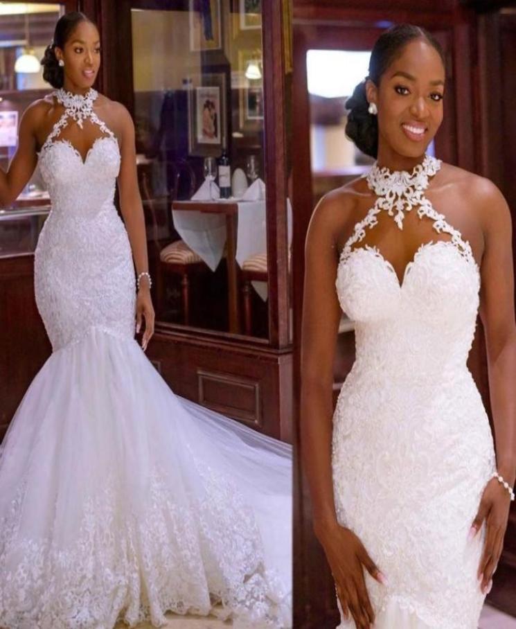 

Halter Neck Mermaid Wedding Dresses Sleeveless Robe De Mariee Appliques Lace Backless Bridal Dress Sexy Black Girls Arabic Gown2070094, White