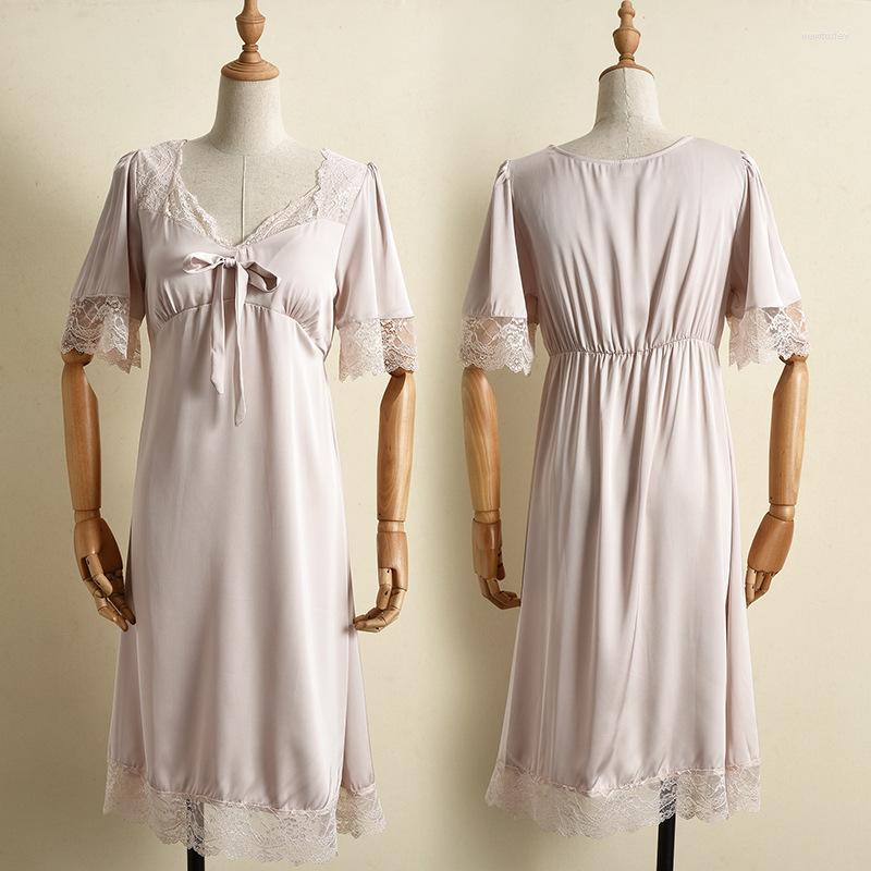 

Women's Sleepwear Sweet Lace Women Nightgown Sleepshirts Skirt Summer Short Sleeve Square Collar Nightdress Knee-Length Lingerie Home, Pink