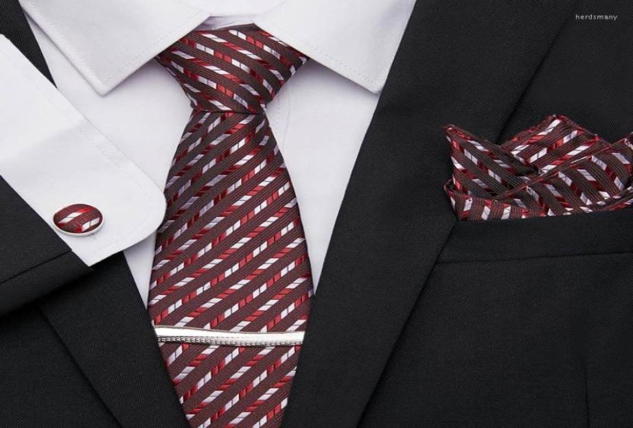 

Bow Ties Men Neck Tie Red Stripe Necktie Pocket Square Silk Set Cufflinks Handkerchief Clip Gift Accessories2604234