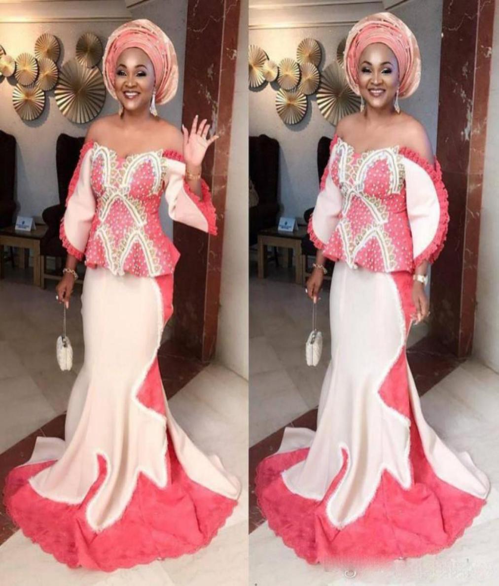

Aso Ebi Plus Size Mermaid Evening Gowns Off The Shoulder Peplum Long Sleeves Prom Dress Saudi African Formal Party Dress Women Wea7052651, Blue