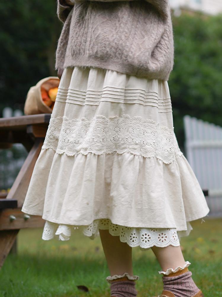 

Skirts Summer Elastic Waist Loose Lace Crochet Midi Skirt For Women Solid Color Kawaii Bottom Cotton Linen Korean Style, Khaki
