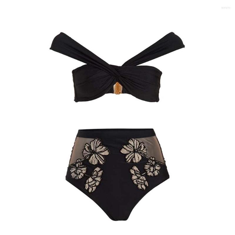 

Women's Swimwear Off-The-Shoulder Bikini Set Chic Bowtie V-Neck Swimsuit 2023 Bare Waist Thong Bathing Suits Floral Print Beachwear, Black