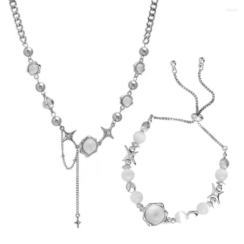 

Chains R2LE 2Piece Star Choker Necklace Bracelets Set Moonstone Chain Bohemian Clavicle Wristband For Women Girl Teen