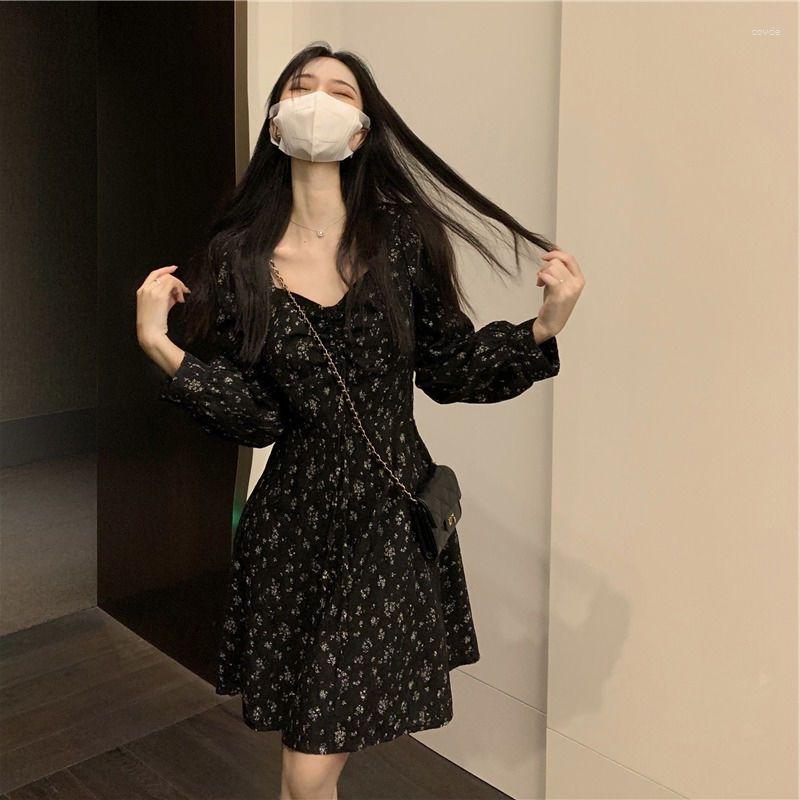 

Casual Dresses 2023 Gentle Department French Square Neck Black Long-sleeved Floral Short Dress Female Spring And Autumn Hepburn Style Y2K, Blue