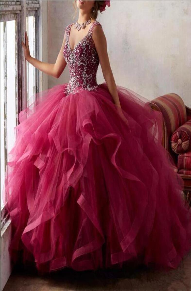 

V Neck Tulle Ruffles Ball Gown Quinceanera Dresses Beaded Top Layered Hollow Back Floor Length Prom Party Dresses Girl Pageant Gow2537690, Gold