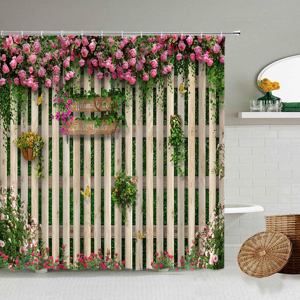 

Jeans Butterfly Flowers Shower Curtains Pink Rose Green Plants Wooden Fence Spring European Garden Scenery Bathroom Decor Bath Curtain, Beige