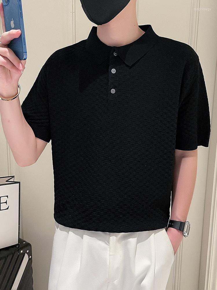 

Men's Polos Polo Shirt Men High Quality Summer Ice Silk Short-sleeved Knitted Fringe Stripes Business Casual Male H53, White