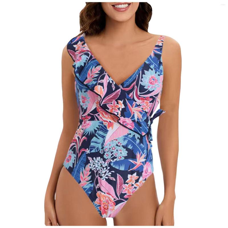 

Women' Swimwear 2023 Print Deep V-neck Ruffle Swimsuit Push Up One Piece Beach Wear Backless Monokini, Sky blue