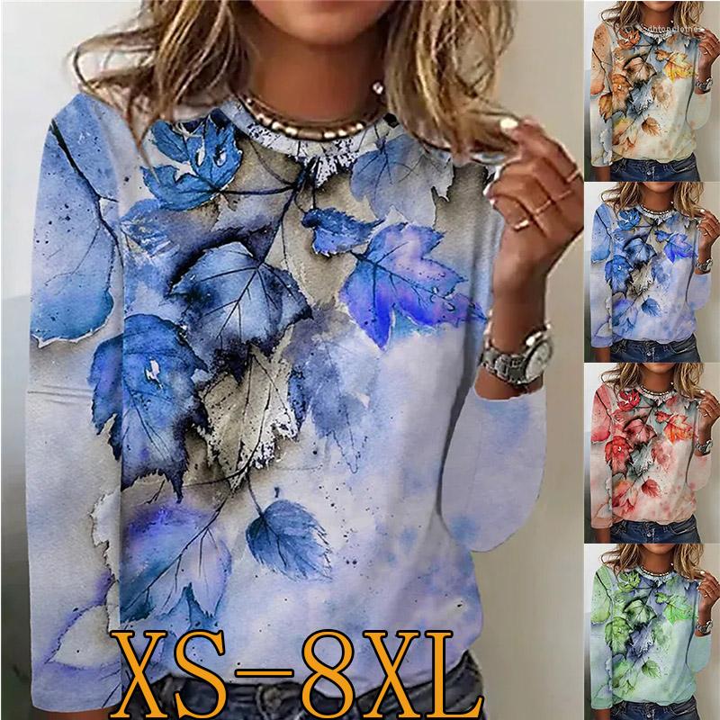 

Women's T Shirts Autumn And Winter Sweatshirt Pullover Vintage Flower Print Round Neck Long Sleeved T-shirt -8XL, Blue