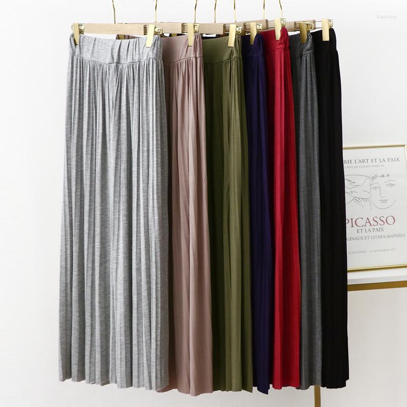 

Skirts Women A Line Long Pleated 2023 Summer Autumn Elastic High Waist Modal Skirt Female All Match Solid Big Swing Maxi Saia, Black