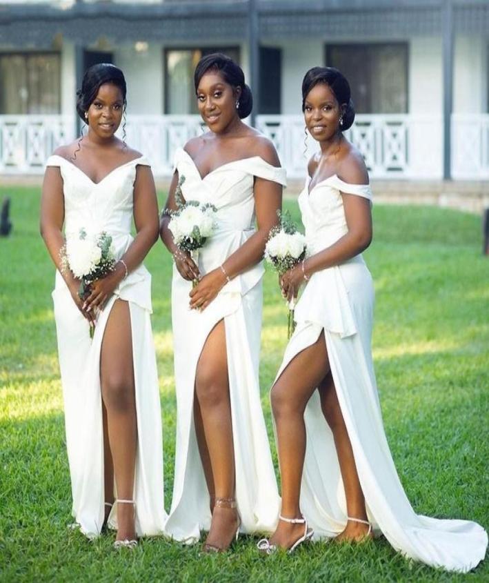 

African Plus Size Mermaid Bridesmaid Dresses Off Shoulder High Side Split Sweep Train Peplum Pleats Garden Wedding Guest Party Gow7015751