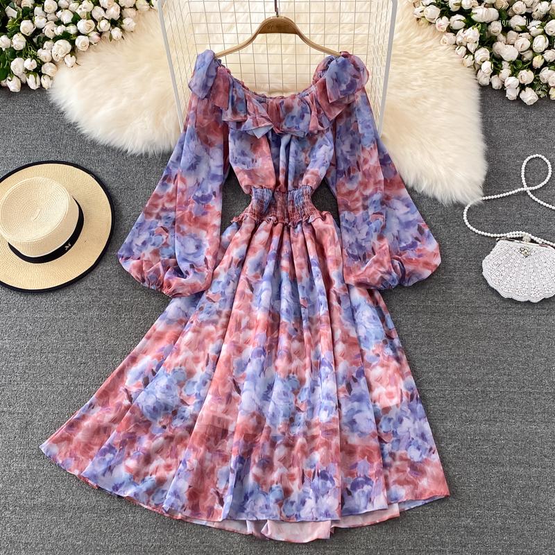 

Casual Dresses Elliexi Women Floral Printed Dress Flounce Holiday Fairy A-Line Long Maxi Elegant Chiffon 2023 Summer, Type 2