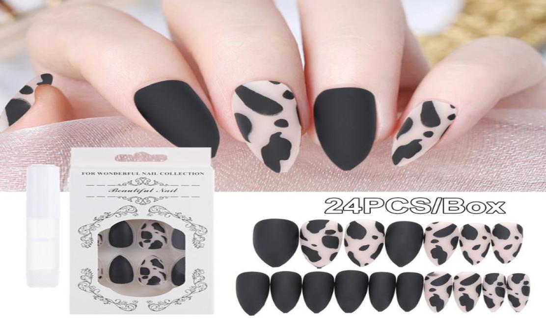 

False Nails 24PCSBox Black Matte Leopard Nail Tips Stiletto Cow Pattern Fake With Glue Full Cover Girls Art Accessory2031188