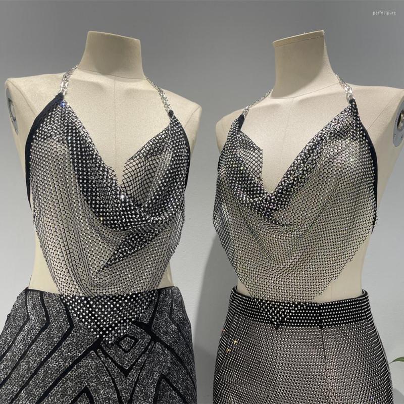 

Women's Tanks Shiny Rhinestones Fishnet Grid Crop Top Sexy See Through Diamond Hollow Link Chain Tank Party Club Tops, Picture color