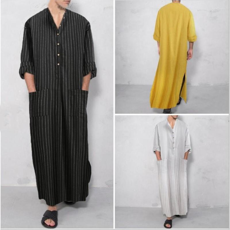 

Ethnic Clothing Jalabiyat Ramadan 2023 Kuwaiti Dubai Abaya Arab Casual Stripe Thobes Long Sleeve Pocket Loose Robe Jubah Muslim Men Kaftan