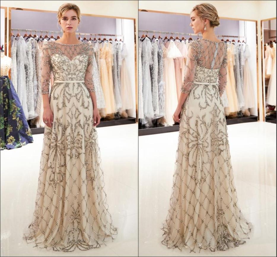 

2019 Elegant Illusion 34 Long Sleeves Major Beadings Evening Dresses Floor Length Sheath Formal Prom Gowns CPS11818417411, Same as picture