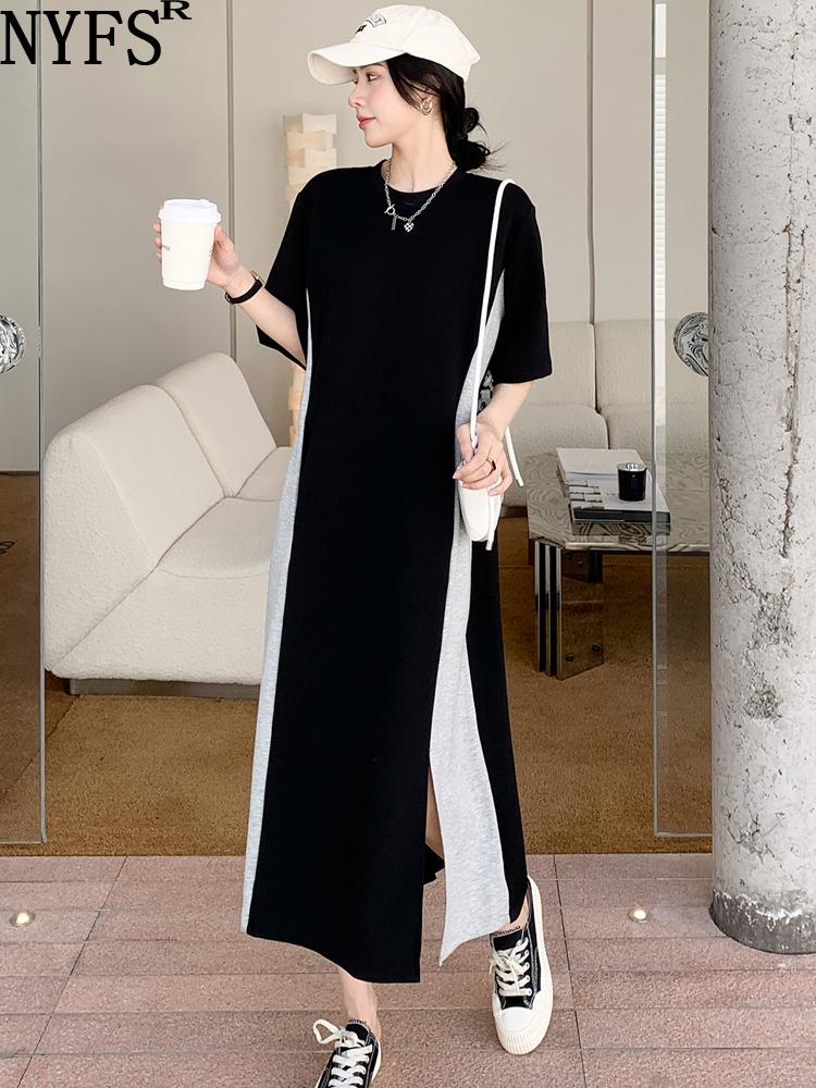 

Party Dresses NYFS 2023 Summer Korea Woman Dress Vestidos Robe Elbise Loose Plus Size Simplicity Short Sleeve Long, Black