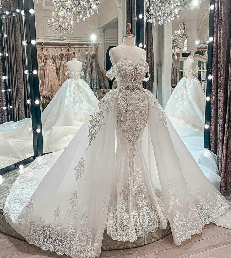 

Gorgeous Mermaid Wedding Dresses with Overskirt Off the Shoulder Straps Lace Applique Crystals Vestidos de novia Wedding Gown Cust8527750, Same as image