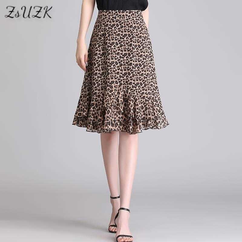 

ZUZK Women Chiffon Aline Skirt New Summer Soft Elastic High Waist Elegant Lady Skirt Expansion Droop KneeLength Skirt Jupe L230621, Leopard