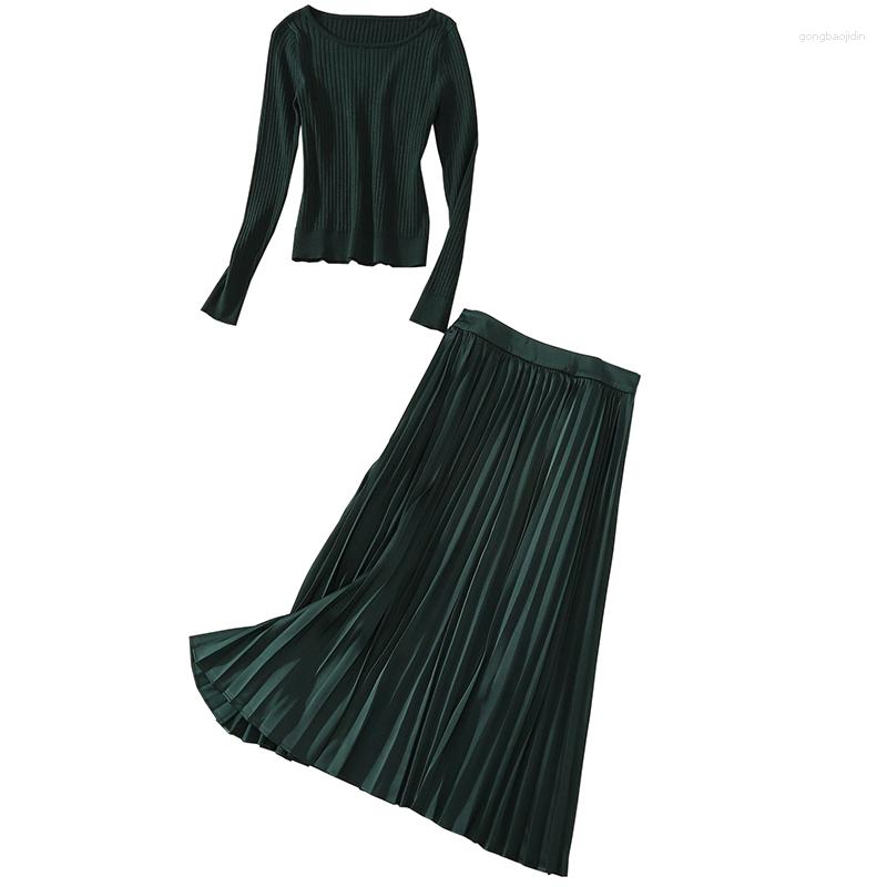 

Work Dresses Fall Winter Fashion Women' Clothing 2pcs Set Ladies Outfit O-Neck Long Sleeve Knitted Sweater Pleated Maxi Skirt, Green