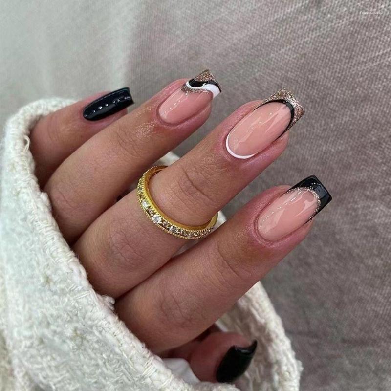 

False Nails 24pcs/Set Square Press On French Black White Edge Fake Glitter Manicure Full Cover Detachable Nail Tips, Only fake nails