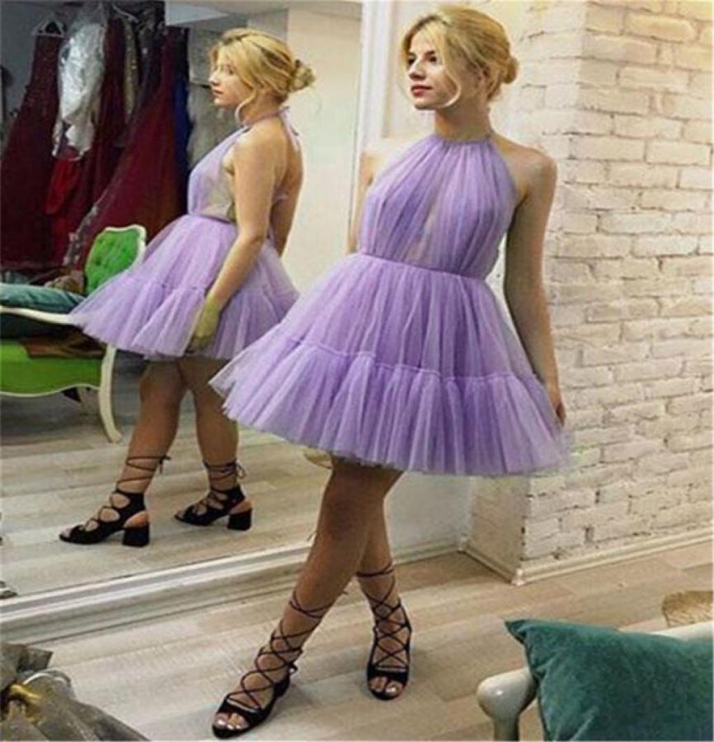 

2019 New Lavender Tulle Short Prom Dresses Halter Backless Puffy A Line Summer Evening Party Gowns Aline Cocktail Party Dress6414415, Gray