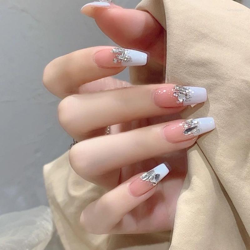 

False Nails 10PCS Handmade Press On Full Cover Professional Manicuree White Wearable Artificial With Designs, 22mmshort ladder-m