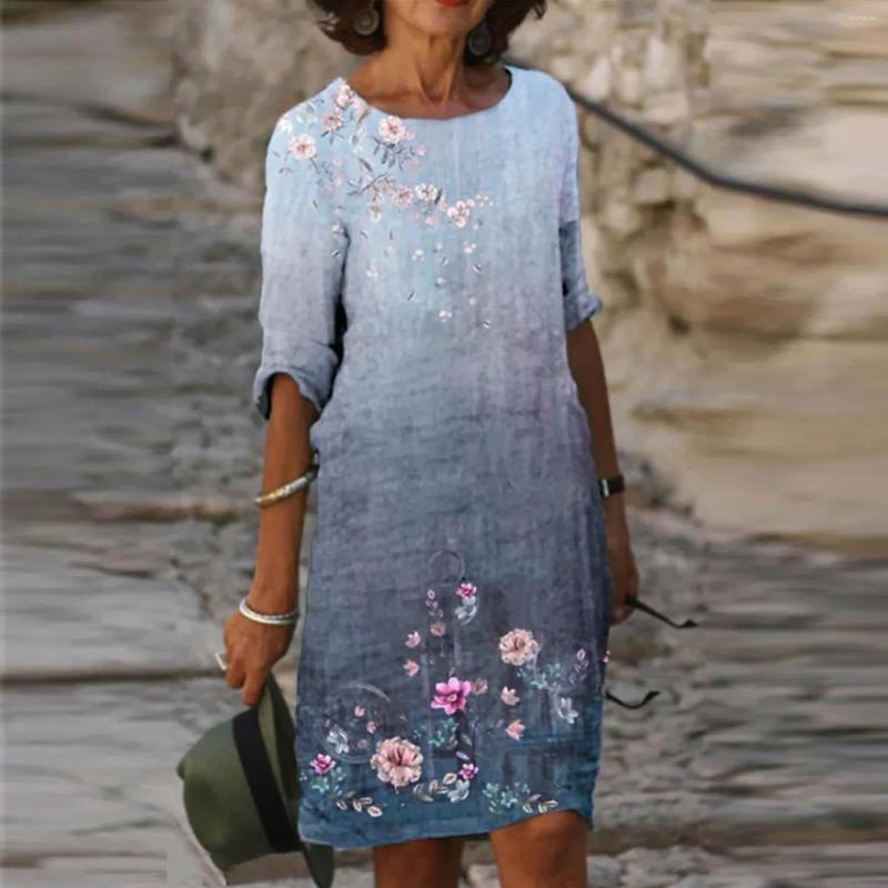 

Casual Dresses Women Cotton Linen Dress Summer Short Sleeve Round Neck Floral Print Mini Oversize Loose Boho Beach Sundress Vestido, Blue