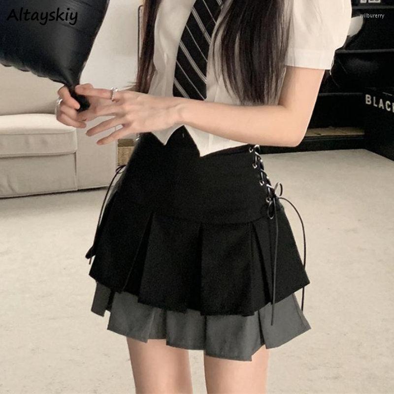 

Skirts Pleated Mini Skirt Women Patchwork Preppy Style Summer Sweet High Waist Aesthetic Chic Designed Lace-up Delicate Harajuku Y2k, Black-gray 305