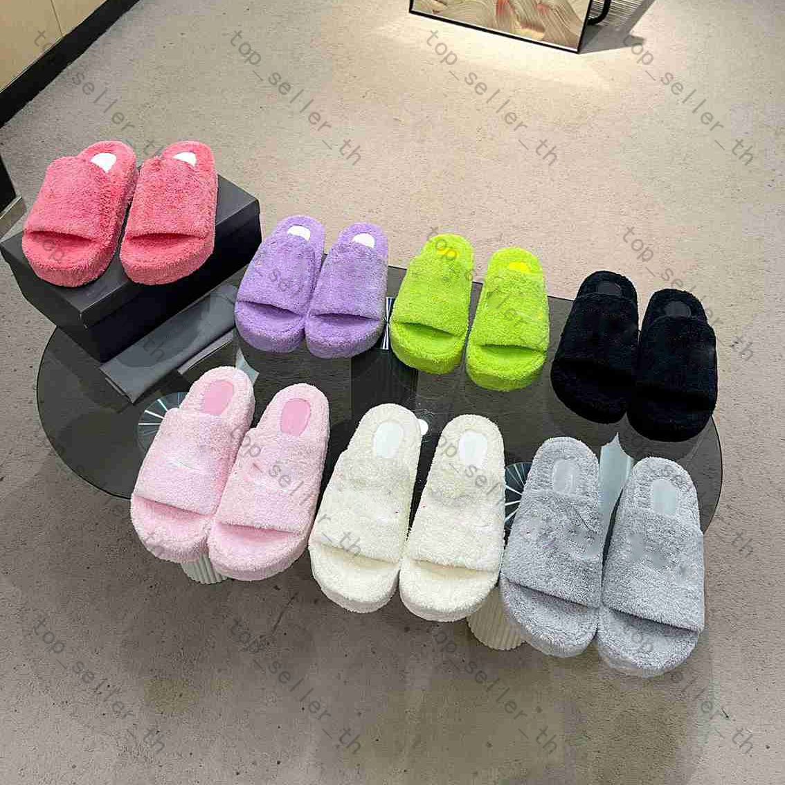 

Furry Slide Sandal Designer Sandals Women Fur Slides Embroidery Slipper Thick Bottom Slide With Box