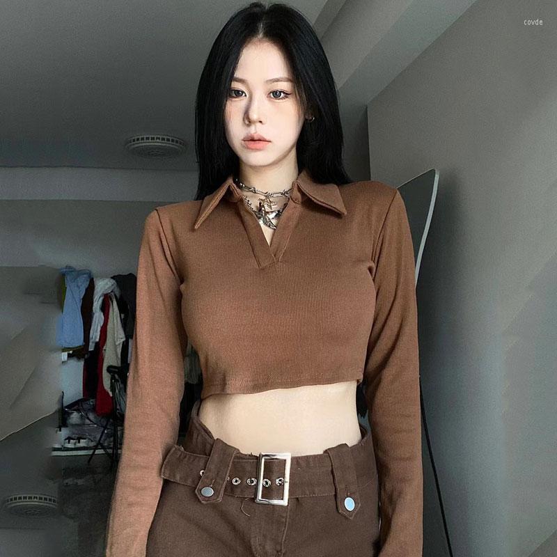 

Women's T Shirts Deeptown Vintage Y2k Long Sleeve Crop Tshirt Women Harajuku Streetwear Brown Tees 2000s Aesthetic Short Tops Female Korean