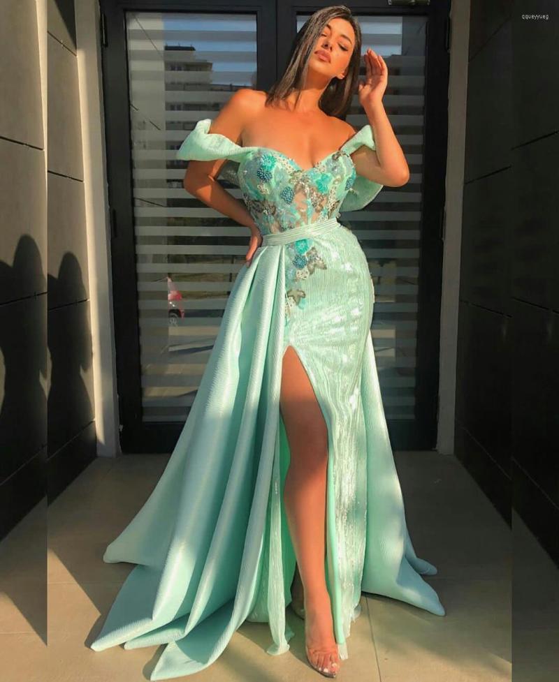 

Party Dresses Mint Green High Split Mermaid Sequins Lace Prom With Overskirts Formal Evening Dress Special Occasion 2023, Picture color