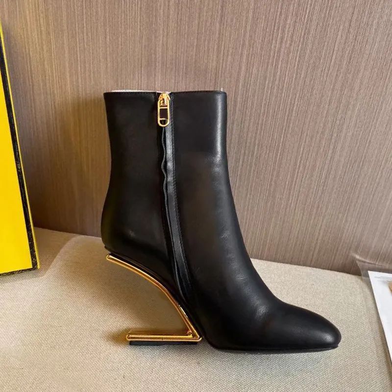 

classic designer woman boots cowhide zipper Metal buckle ankleLeather High Heels Autumn winter Thick heel women shoes letters shoe Large size 35-42 with box, Black