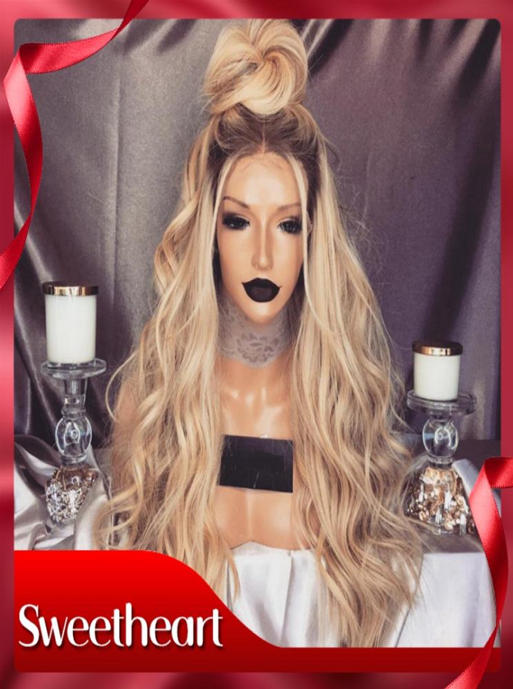 

Fashion Glueless Long Blond Curly Wavy Wigs with Baby Hair Synthetic Ombre Blonde Lace Front Wigs For Women Heat Resistant Cheap W2807288, Ombre color