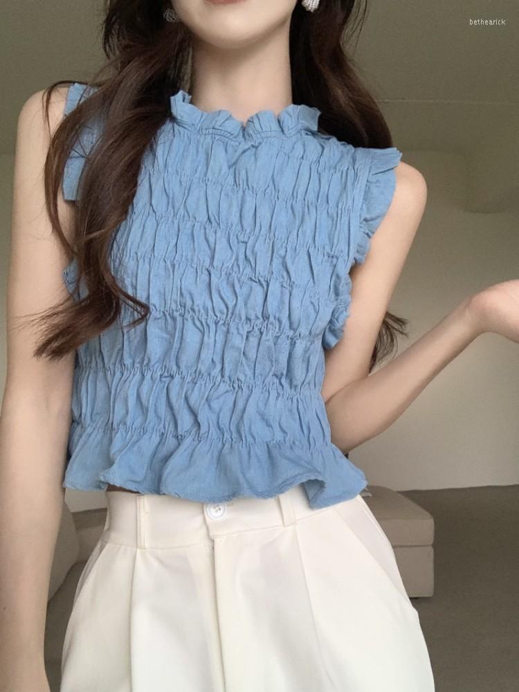 

Women's T Shirts GUUZYUVIZ Blue Slim Denim Vest Summer Short Sleeveless Top Women