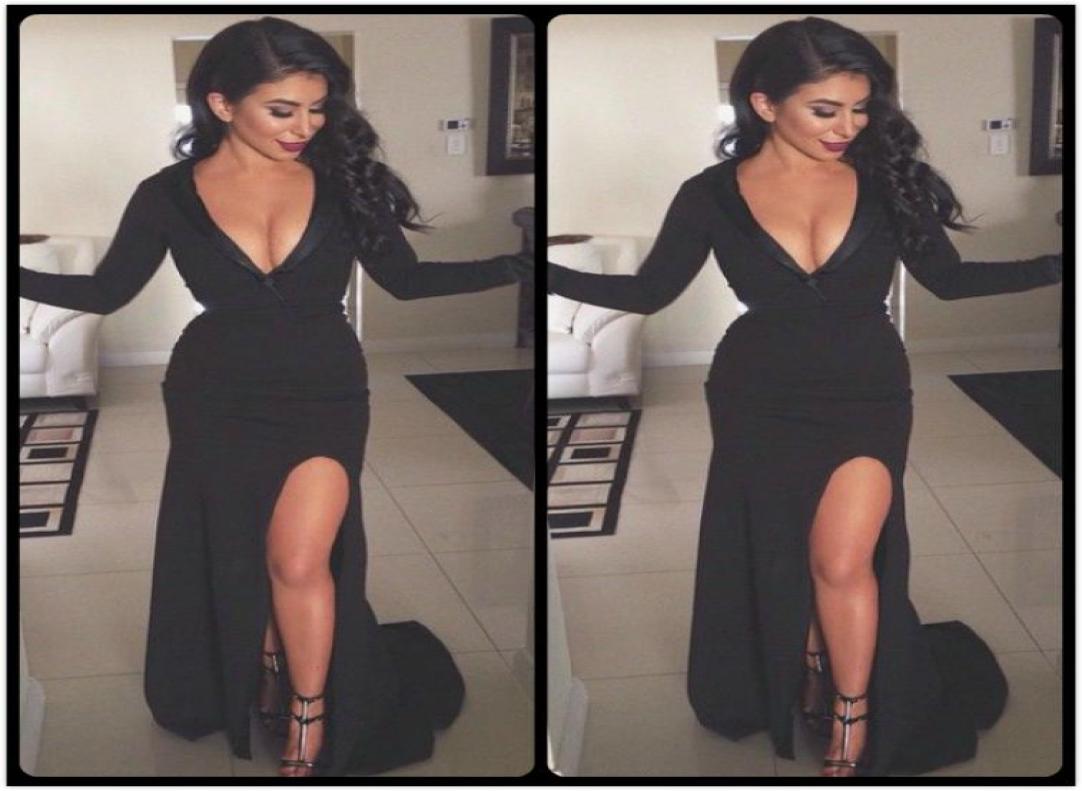 

2020 Sexy Black Evening Dresses with Deep V Neckline Long Sleeves Floor Length Front Split robe de soiree longue8546604, Water melon