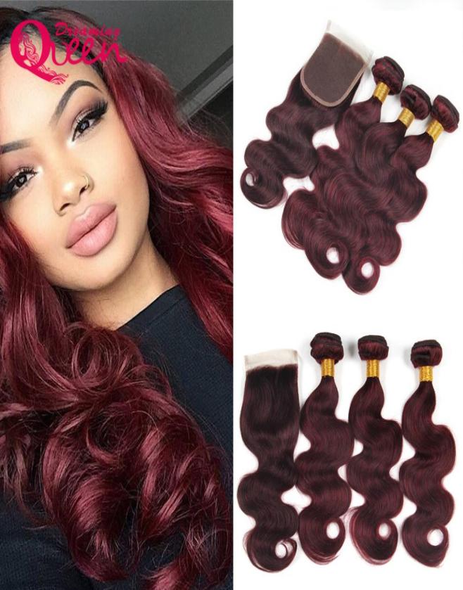 

99J Burgundy Ombre Color Brazilian Body Wave 100 Virgin Human Hair Extensions 3 Bundles With 4x4 Lace Closure Natural Hairline8785374