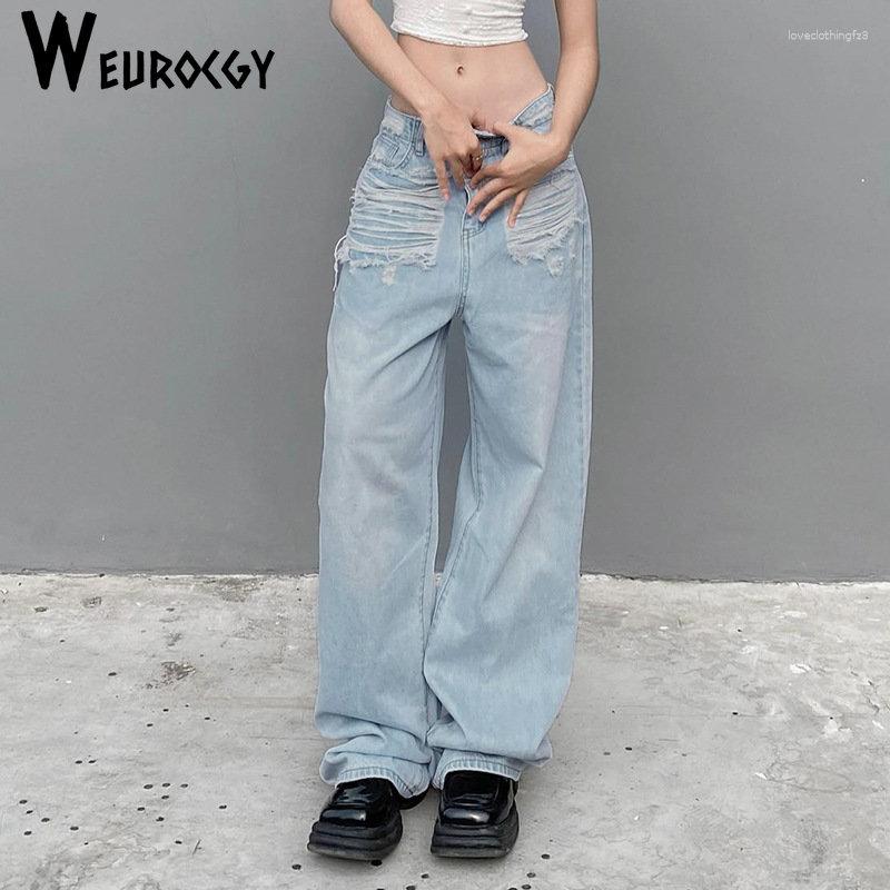 

Women' Jeans Women 2023 Summer Y2k Style Ripped Fashion Casual Loose High Waist Straight Trousers Korean Mopping Pants Trend, Blue