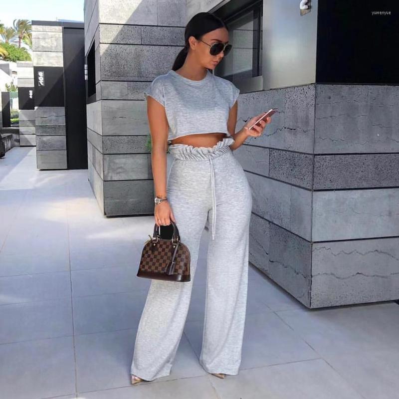 

Women' Two Piece Pants Aniow Solid Short Sleeve Crop Top Wide Leg Set Fashion Casual Design Hight Waist Tracksuit Women Outfits, Black