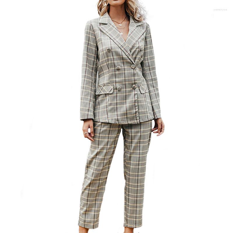 

Women' Two Piece Pants Autumn Winter Plaid Suits 2 Women Slim Grid Suit Coat Straight Trousers Female Tops Sets Commute